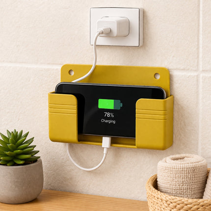 Yellow wall-mounted charging station with a smartphone plugged in, displaying a charging app.