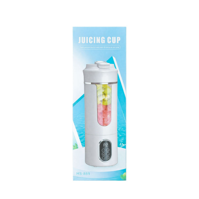 Juicing cup with colorful fruits inside on a blue and white packaging background