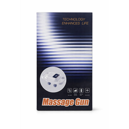 Box for a massage gun with text 'Technology Enhances Life' on a white background