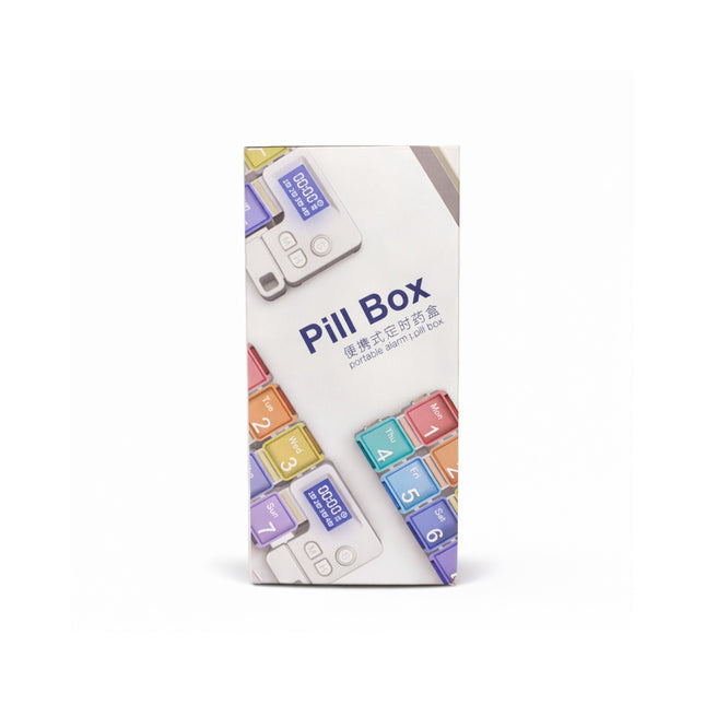 Pill box organizer packaging with colorful compartments on a white background