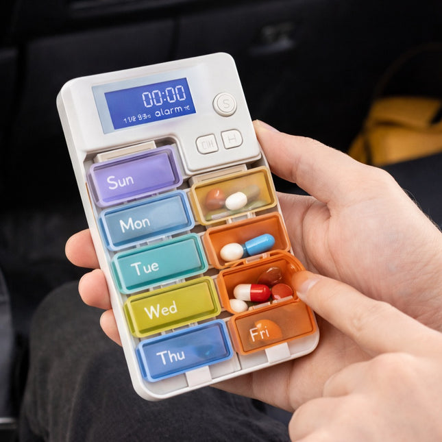 Colorful pill organizer with digital display held by a person