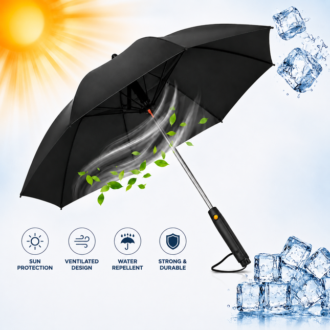 A black open umbrella shown on a light blue/white promotional background with graphic effects for sun, wind, water repellency, and durability. Icons and text at the bottom read 'Sun Protection,' 'Ventilated Design,' 'Water Repellent,' and 'Strong & Durable.