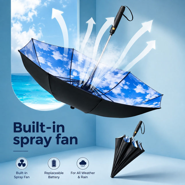 A built-in spray fan umbrella shown floating in a blue studio scene with arrows indicating airflow. The umbrella canopy has a blue sky and white cloud print, while the frame and handle are black.