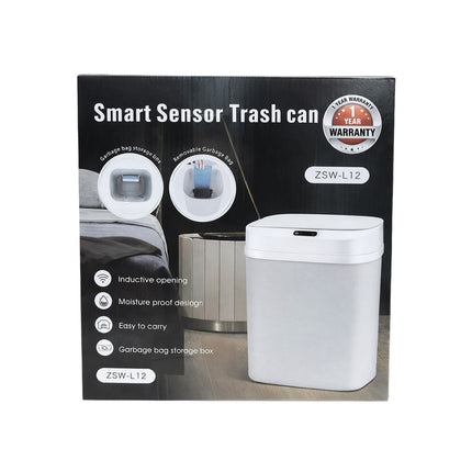 Smart sensor trash can packaging with features listed on a white background