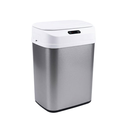 Smart trash can with a white top and silver body on a white background