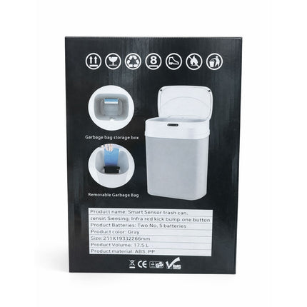 Product packaging of a smart sensor trash can with icons and text on a black background