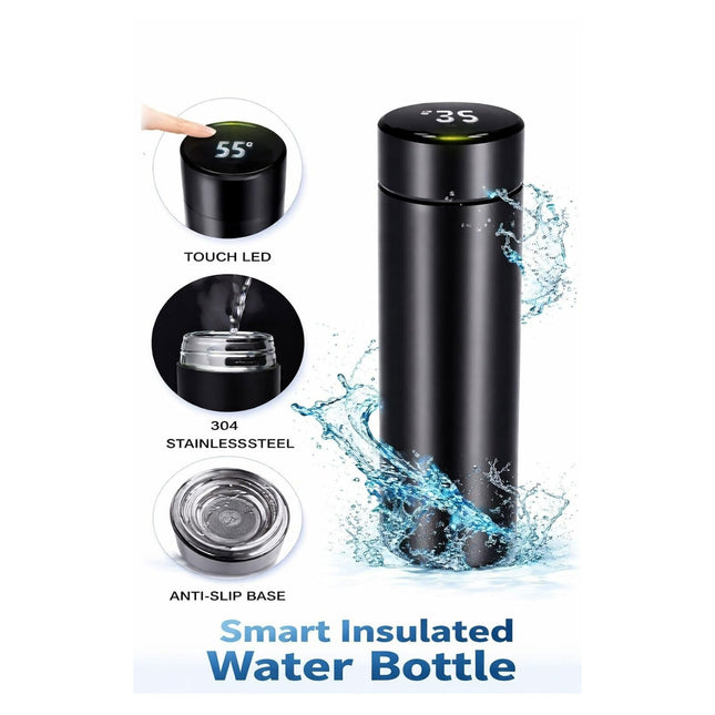 Smart insulated water bottle with digital display and stainless steel components on a white background