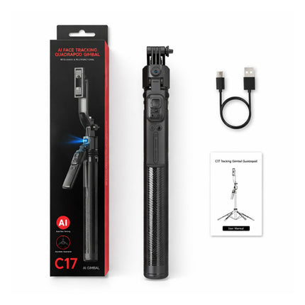 Black camera stabilizer with packaging, USB cable, and manual on a white background