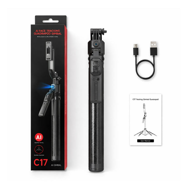 Black camera stabilizer with packaging, USB cable, and manual on a white background