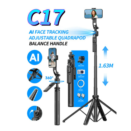 AI face tracking adjustable quadrapod with balance handle and smartphone holder on a white background