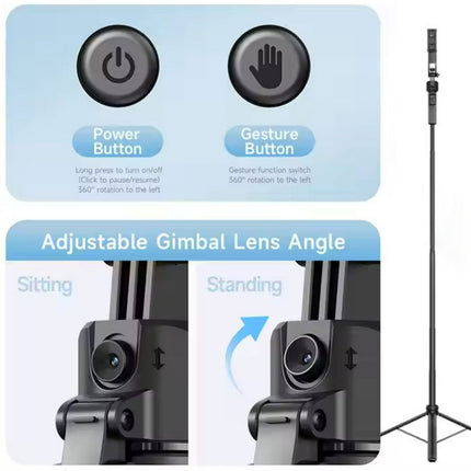 Camera gimbal with power and gesture buttons, and adjustable gimbal lens angle illustration.