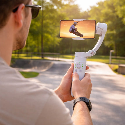 Person using a smartphone gimbal to record a skateboarder at a skate park.