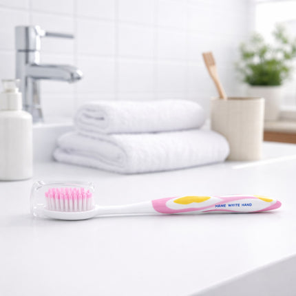Pink and white toothbrush on a bathroom counter with a blurred background