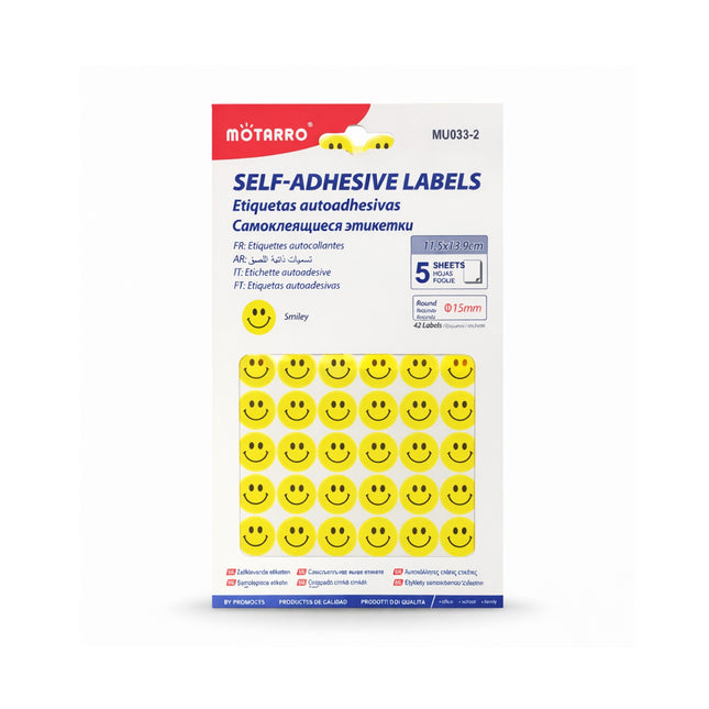 Package of self-adhesive labels with smiley face design on a white background