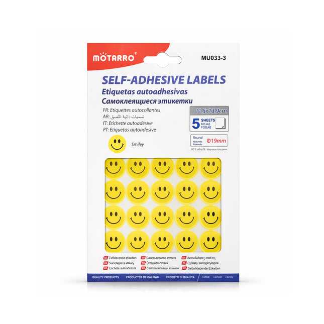 Pack of self-adhesive smiley face labels with Motarro branding on a white background