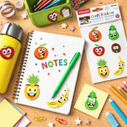 Colorful stationery items including a notebook, pen, and stickers on a wooden surface.