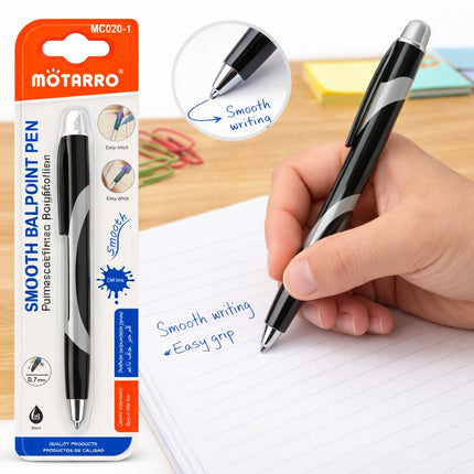 Motarro smooth balpoint pen with packaging and a hand holding the pen writing on paper.