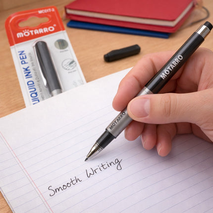 MOTARRO liquid ink pen being used on a notebook with packaging and additional pens in the background.