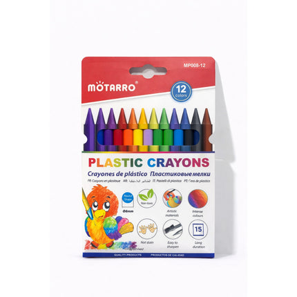 Pack of 12 colorful plastic crayons with Mötarro branding on a white background