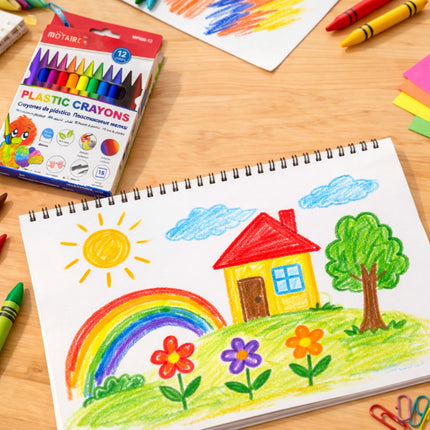 Colorful children's drawing of a house, sun, rainbow, and flowers on a notebook with Motac crayons packaging.