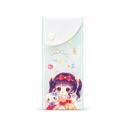 Cartoon character with a cat-like design on a clear pouch with colorful graphics.