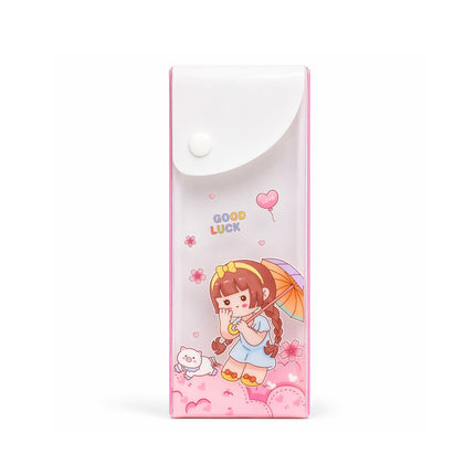 Pink pencil case with cartoon character and 'Good Luck' text on a white background
