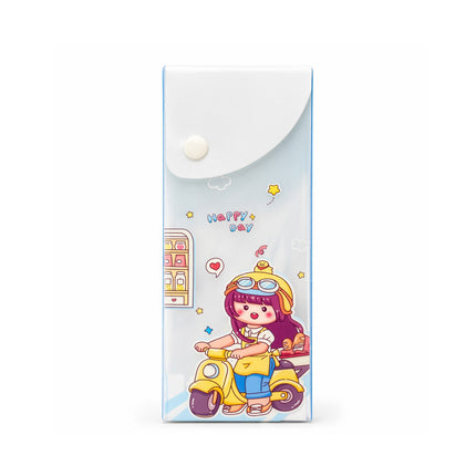 Cartoon character on a scooter with 'Happy Day' text on a white background