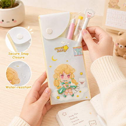 Pouch with cartoon character holding stationery items on a wooden surface