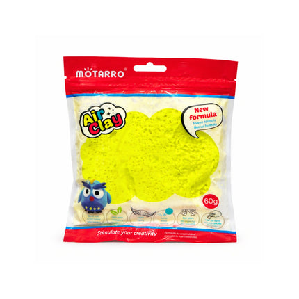 Package of Motarro Air Clay with yellow modeling clay inside on a white background