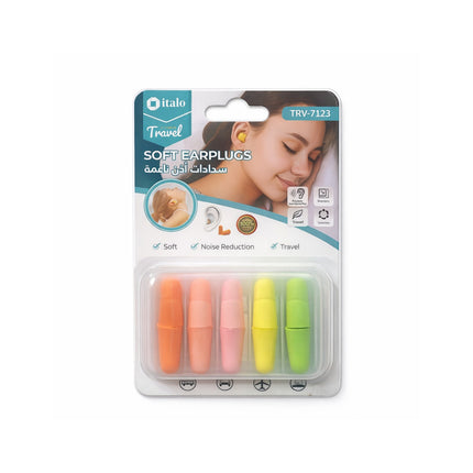 Pack of soft earplugs with colorful earplugs in clear packaging on a white background