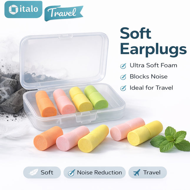 Set of soft earplugs in a transparent case with italo Travel branding.