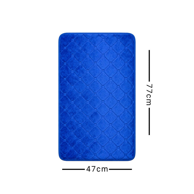 Blue quilted mat with measurements on a white background