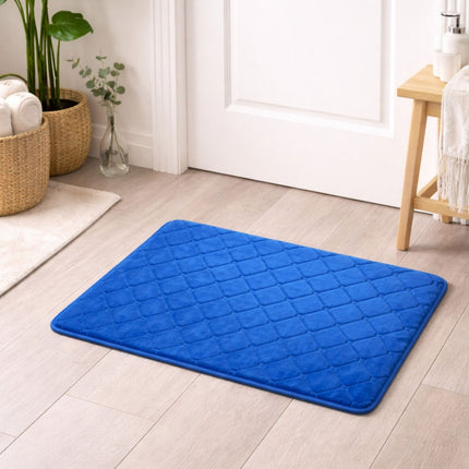 Blue quilted mat on a wooden floor with a white door and plants in the background