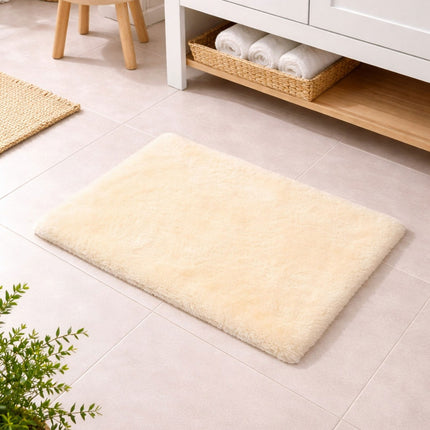 Beige rug on a tiled floor with a wooden shelf and basket in the background