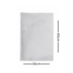 Gray rug with dimensions labeled on a white background