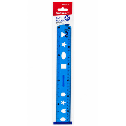 Blue ruler with measurement markings on a white background