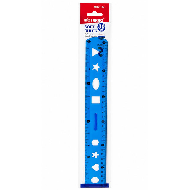 Blue ruler with measurement markings on a white background