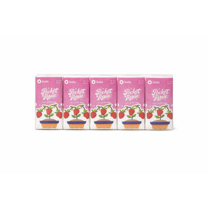 Five boxes of Italo Pocket Tissues with pink packaging and strawberry design on a white background