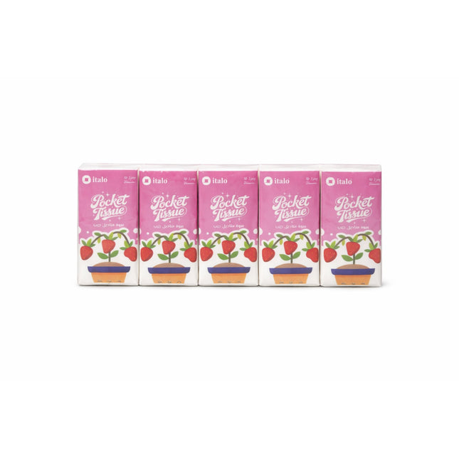 Five boxes of Italo Pocket Tissues with pink packaging and strawberry design on a white background