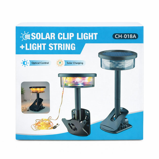 Packaging of solar clip light and light string with illustrations on a white background