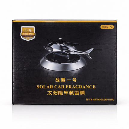 Black box packaging of a solar car fragrance with helicopter design on a white background
