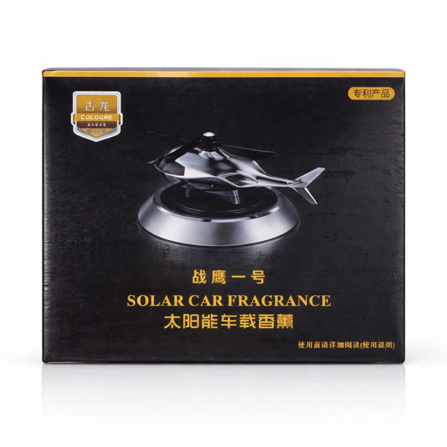 Black box packaging of a solar car fragrance with helicopter design on a white background
