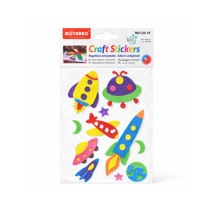 Packaged craft stickers with space-themed designs on a white background