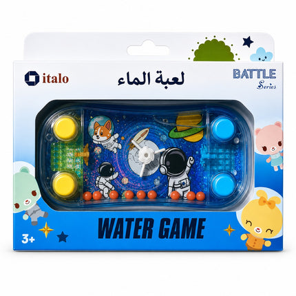 A boxed children's water game controller by Italo, shown in its retail packaging. The product inside has a blue space-themed face with astronaut graphics, yellow and blue buttons, and small orange ball pieces.
