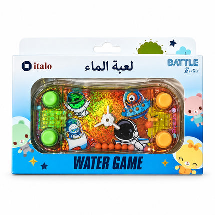 A packaged water game controller toy by italo, featuring a clear plastic body filled with colorful glitter and cartoon space-themed graphics, shown in its retail box with Arabic text and cute character illustrations.