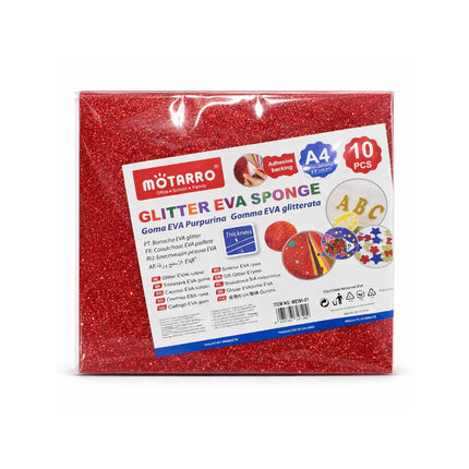 Packaged red glitter EVA sponge with Motarro branding on a white background