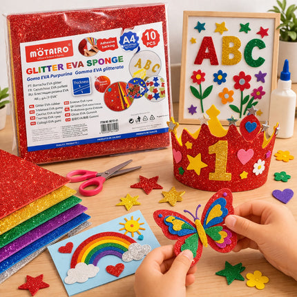 Children's craft activity with Métáiro glitter EVA sponge, scissors, and a child holding a butterfly craft.