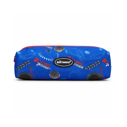 Blue pencil case with racing-themed design on a white background