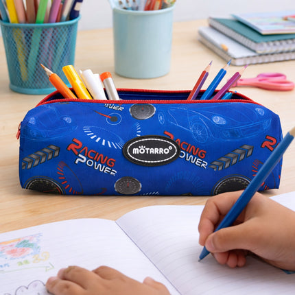 Blue pencil case with racing design on a desk with coloring book and pencils