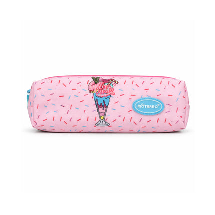 Pink pencil case with ice cream design and 'Motarro' logo on a white background
